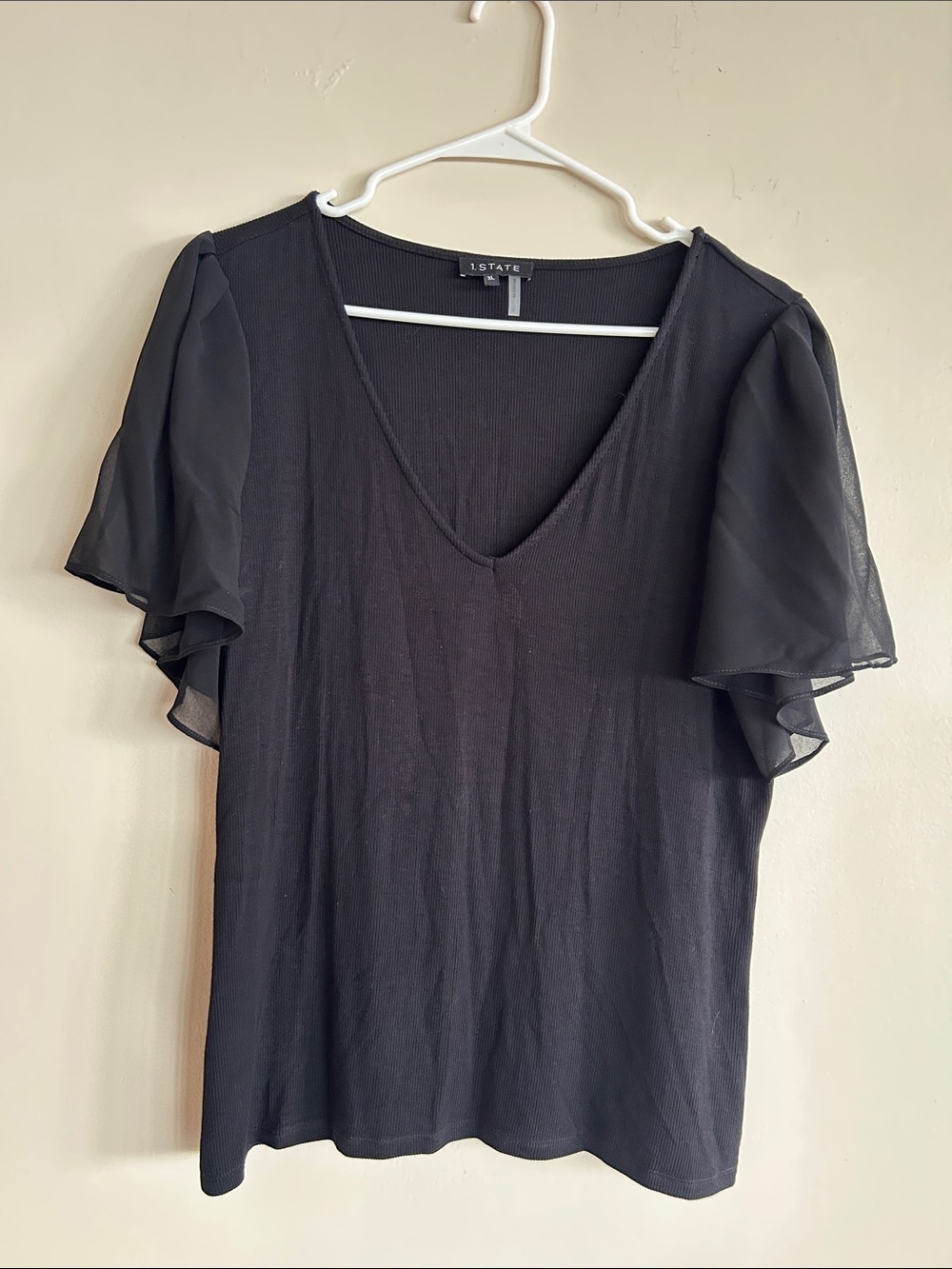 1. State Black V-Neck Top with Sheer Flutter Sleeves